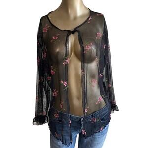Style Studio Women Medium Cardigan Jacket Top Sheer Black Floral Fairy Y2K